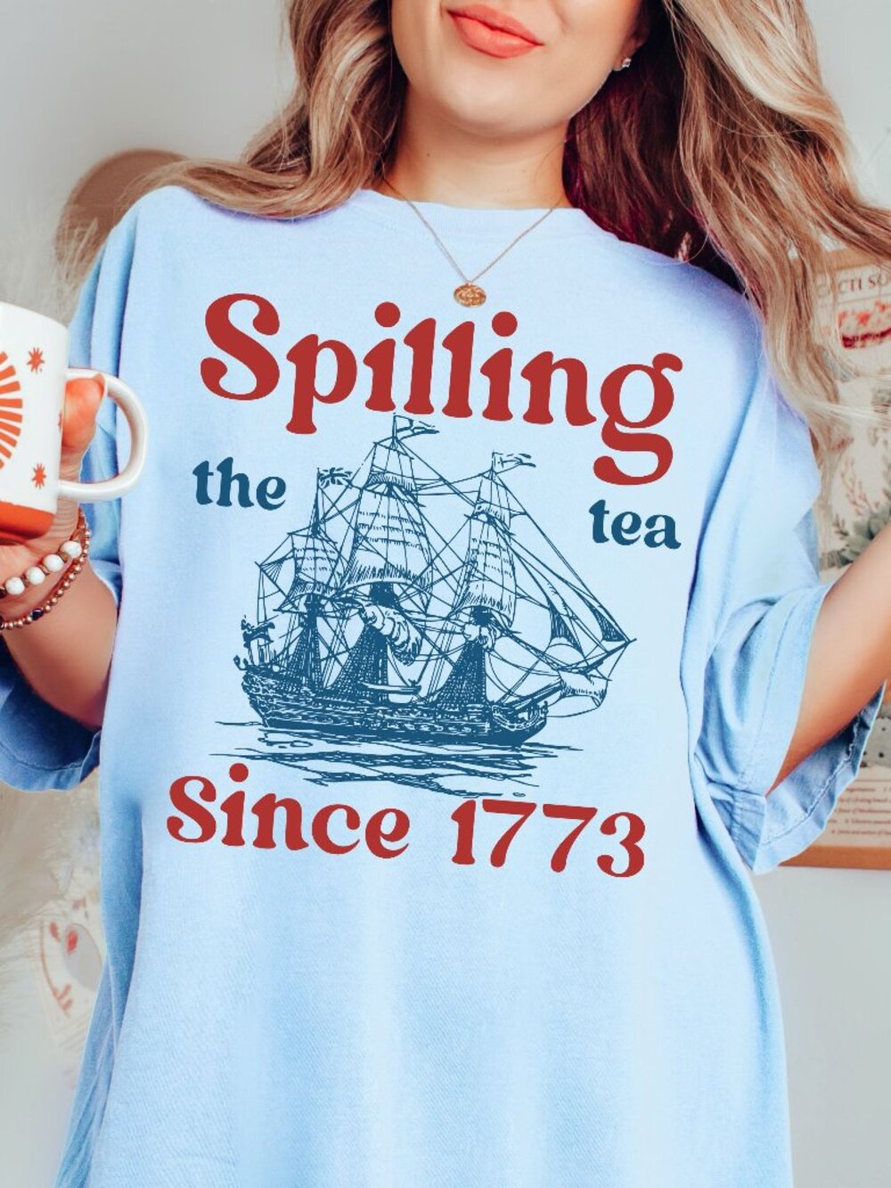NEW Spilling the Tea Since 1773 Funny America July 4th Graphic Tee Shirt Women